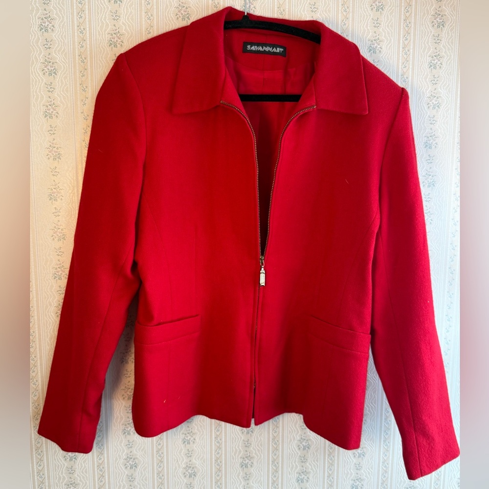 Savannah Red Zip Front Wool Jacket Blazer Vintage
